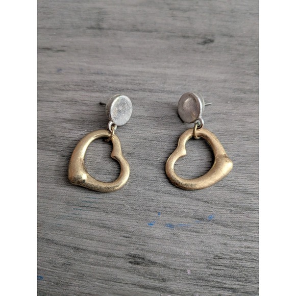 Jewelry - Mixed Metal Two Tone Heart Drop Earrings Silver Gold Tone Post Backs